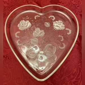 Vintage MIKASA Frosted Crystal Etched Roses Ribbons Heart Shape Serving Plate
